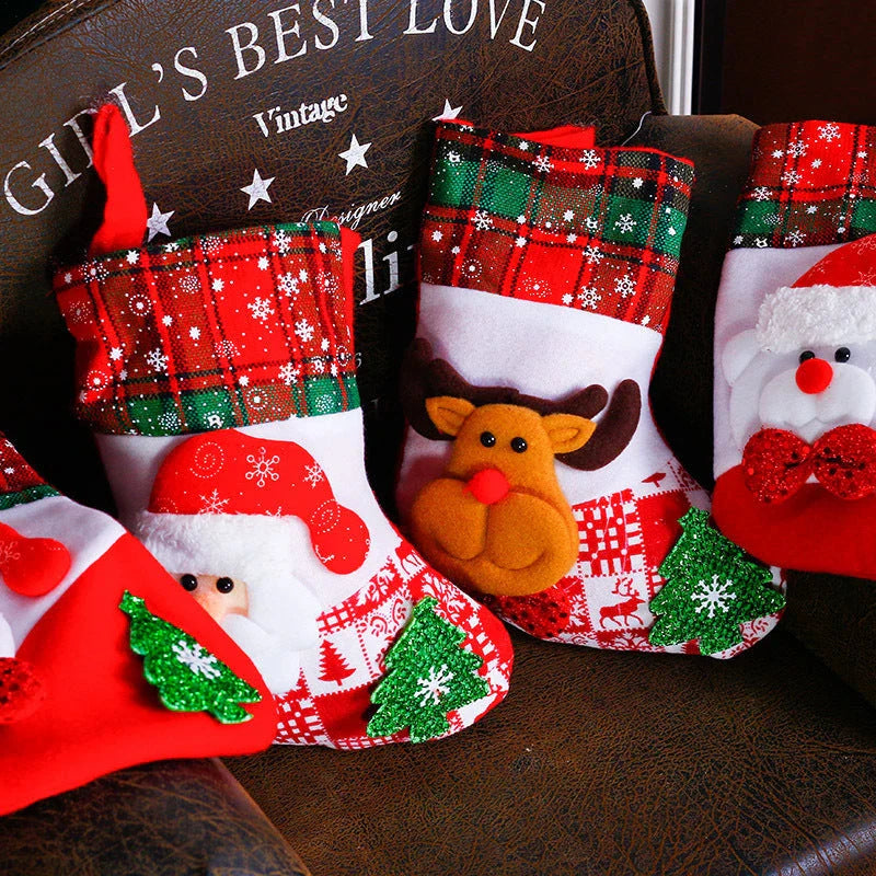 Festive Christmas socks with vibrant ornament designs in various styles, including elk, bear, elderly, and snowman patterns.