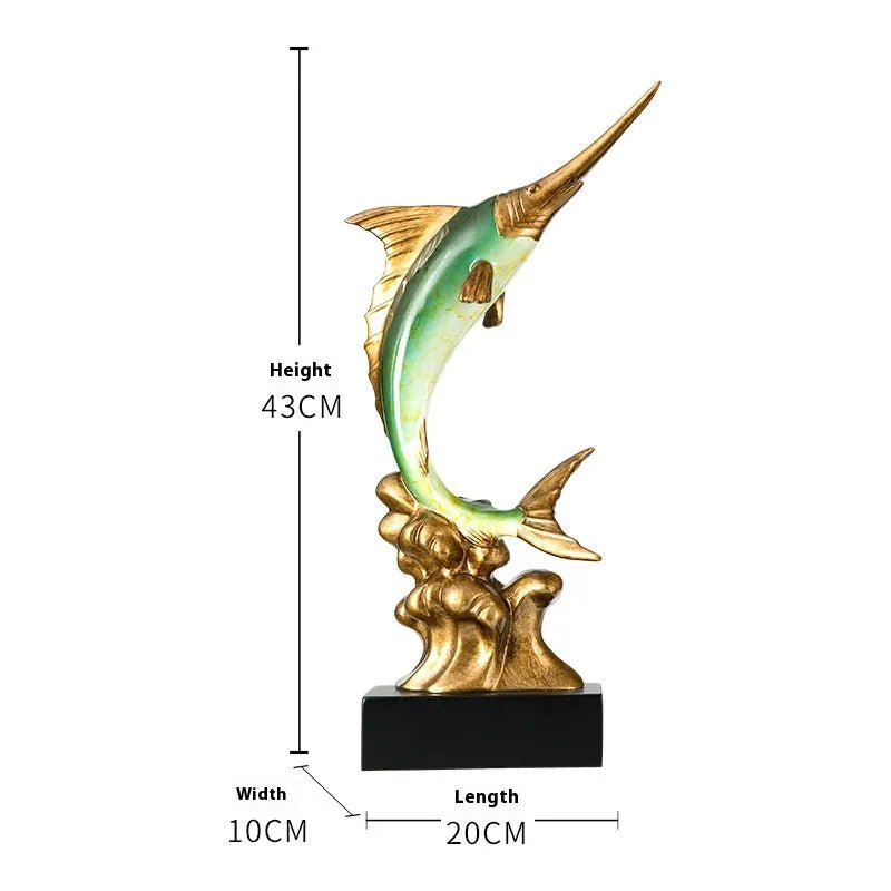 European-style swordfish resin ornament in Brilliant Gold, Coral Red, Lake Blue, or Sea Green colour options
