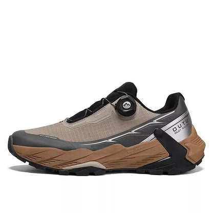 Outdoor mountaineering sneakers in black, camel, and silver with waterproof and breathable features
