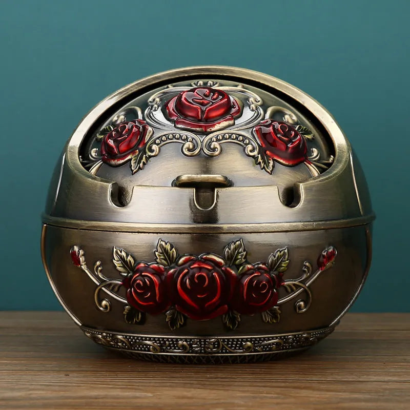 Alloy ashtray with smoke extinguishing slot in bronze finish, featuring Dragon and Phoenix motif, S size