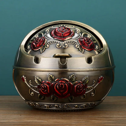 Alloy ashtray with smoke extinguishing slot in bronze finish, featuring Dragon and Phoenix motif, S size