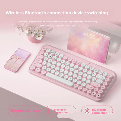 Pink Bluetooth wireless keyboard with 84-key layout showing crater architecture buttons