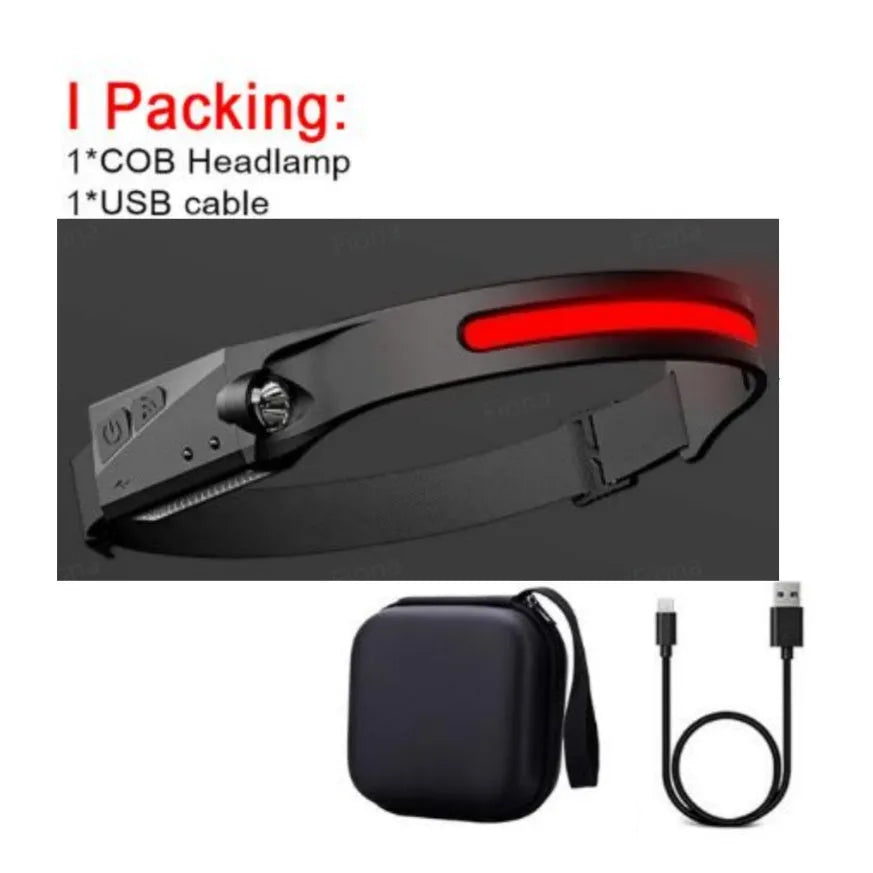 Black silicone USB rechargeable headlamp with a wide COB LED lens and a side wave sensor.