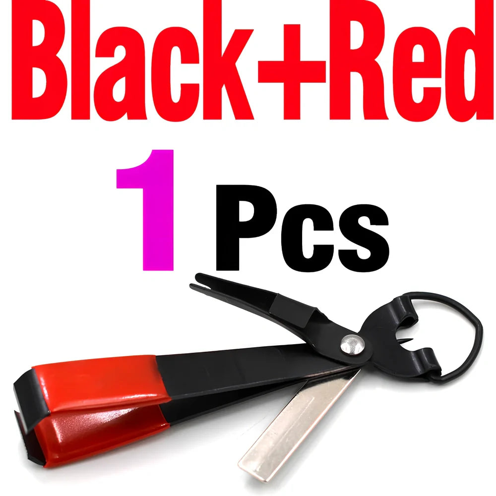 Fishing line scissors with stainless steel blades and plastic handles in silver black colour combination