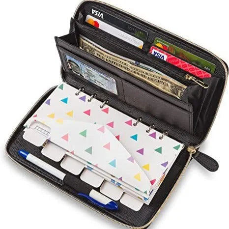 Slim anti-theft RFID blocking card holder wallet in PU leather, shown in various colours including rose gold and black.