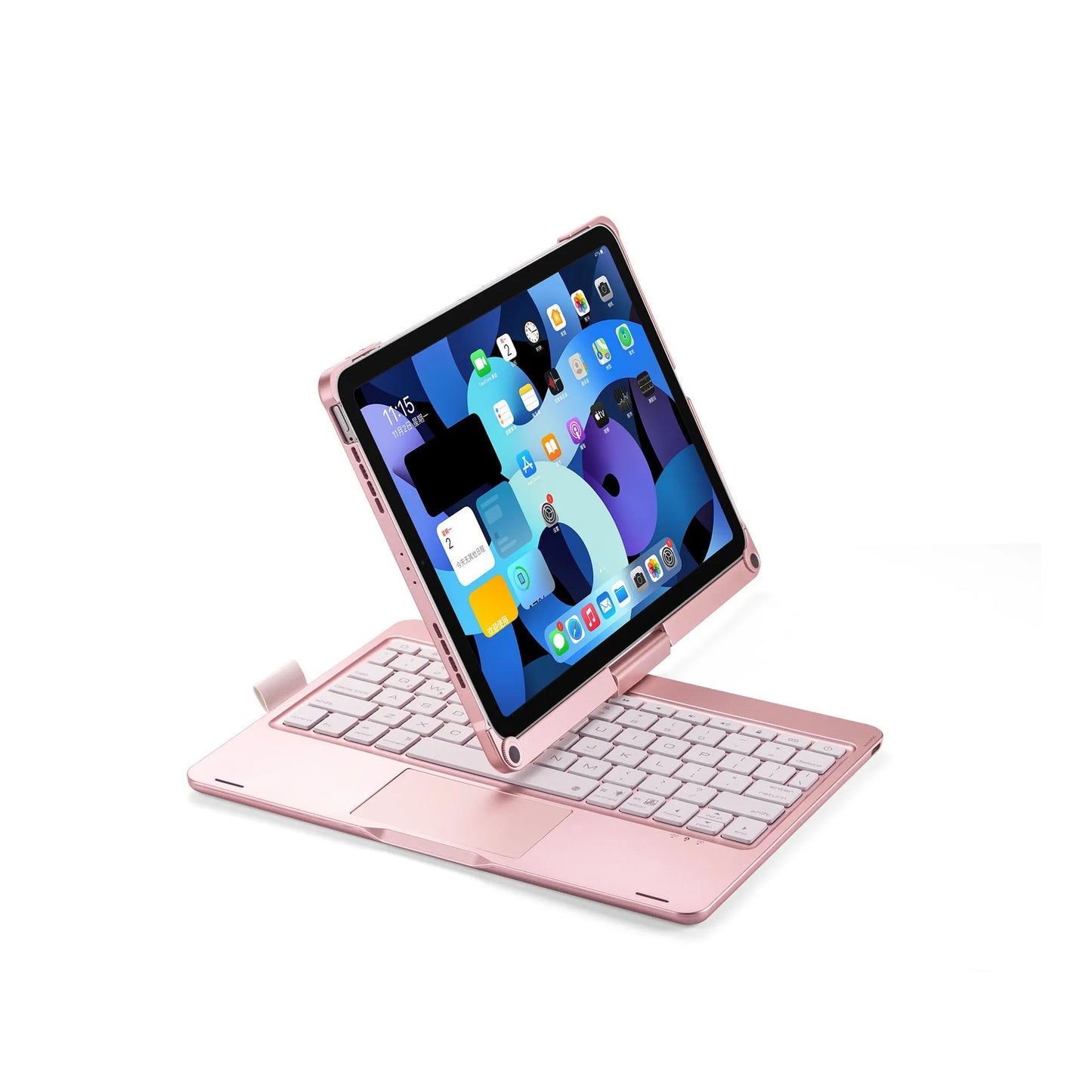 Miaocontrol silver Bluetooth keyboard rotated to portrait mode with an iPad Pro 11-inch attached