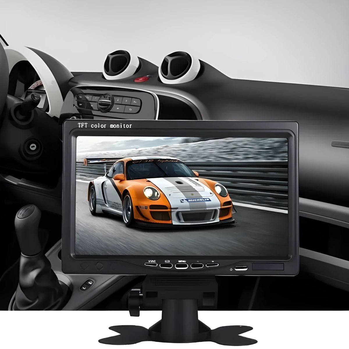 7-inch car monitor and reversing display with camera and video cable, TFT screen, ABS housing, desktop or rearview mirror fitting.