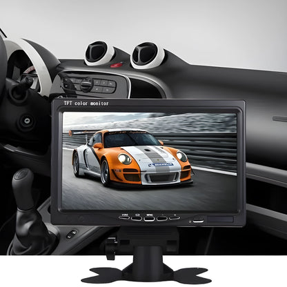 7-inch car monitor and reversing display with camera and video cable, TFT screen, ABS housing, desktop or rearview mirror fitting.