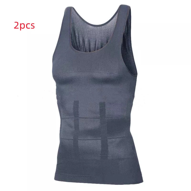 Men's body shaping vest in black or white, U-neck design, sizes M to XXL