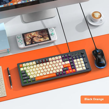 K98 mechanical keyboard and matching wireless mouse in a selected colour from the range on a desk.