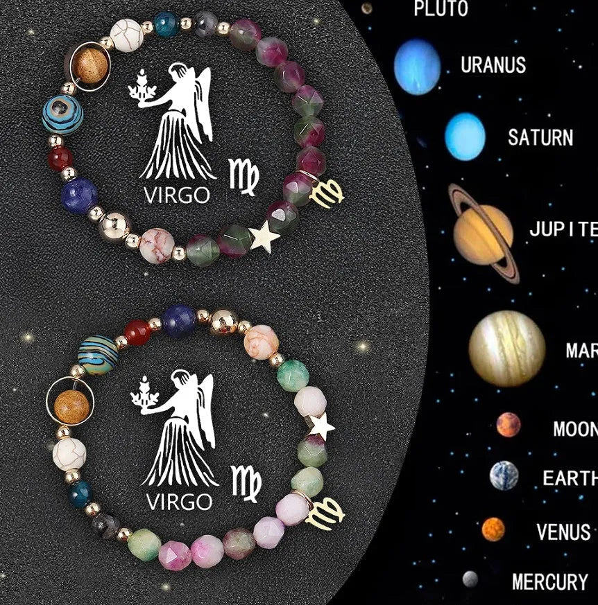 Two natural stone beaded bracelets with zodiac sign charms on adjustable knotted cords