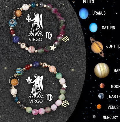 Two natural stone beaded bracelets with zodiac sign charms on adjustable knotted cords