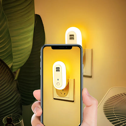 Oval small night lamp with dual USB ports and remote control measuring 50x61x104mm