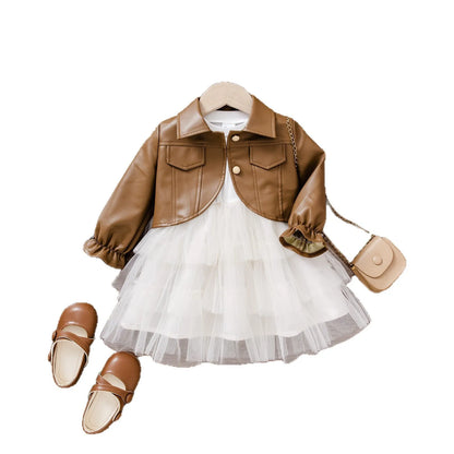 Korean-style children's two-piece set with cotton coat and dress in brown or black, long sleeves, sizes 6-9M to 2-3Y