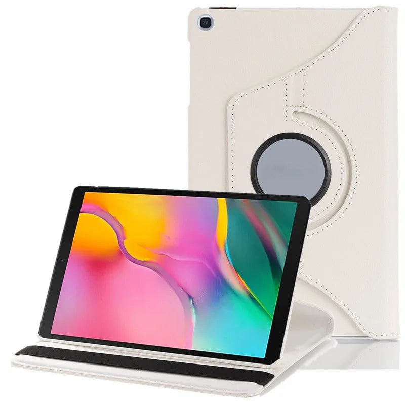 Imitation leather rotating clamshell sleeve case for iPad tablets in multiple colours.