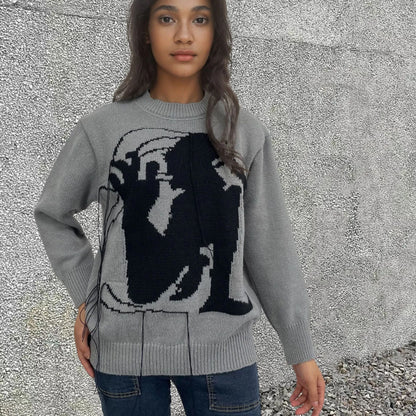 Women's grey alpaca wool sweater with abstract pattern and tassel design on regular sleeves