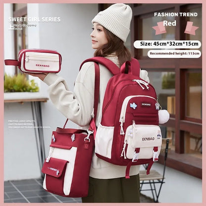 Pink waterproof Oxford cloth school backpack for girls with curved shoulder straps, shown with matching pencil case.