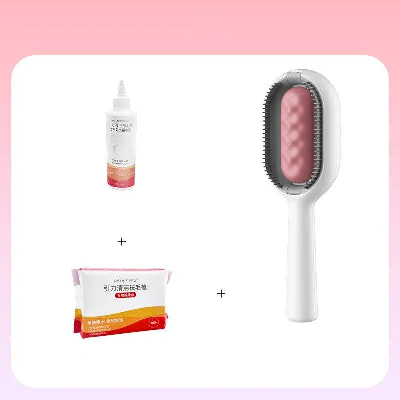 Large blue silicone-bristle dog comb with a bottle of cleansing essence