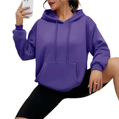 Women's loose grey sweatshirt with drawstring neck and front pocket, long sleeves, available in 17 colours