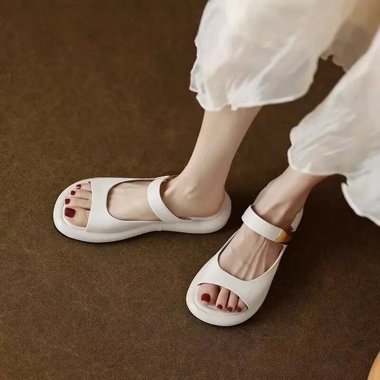 Women's apricot peep toe platform sandals with French soft leather upper and rubber sole