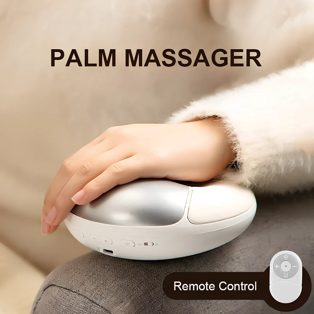 White electric hand massager device with pulse modes and heat for palm relief, 140x141x57mm size