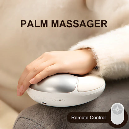 White electric hand massager device with pulse modes and heat for palm relief, 140x141x57mm size