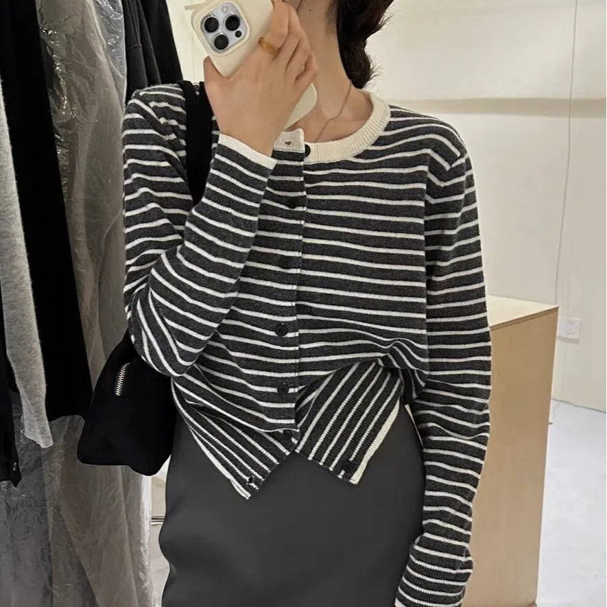 Women's dark grey cardigan with white stripes, 40cm length, free size slim fit, viscose spandex blend