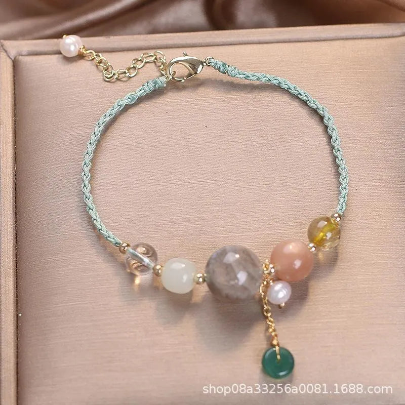 Hand-woven women's bracelet with adjustable buckle in red, green or blue with crystal and sequin details