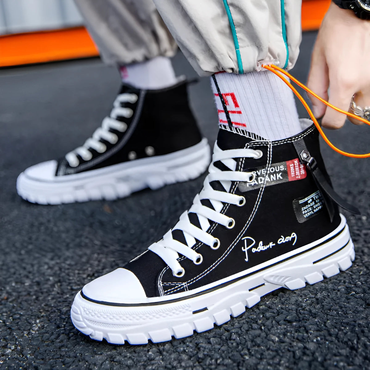 Men's high top canvas casual shoes with letter pattern, front lace-up, round toe, white green black, sizes 39-44