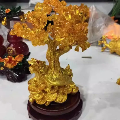 Citrine-coloured resin turtle money tree Feng Shui ornament measuring 18cm tall with detailed animal modelling