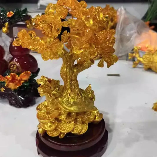 Citrine-coloured resin turtle money tree Feng Shui ornament measuring 18cm tall with detailed animal modelling