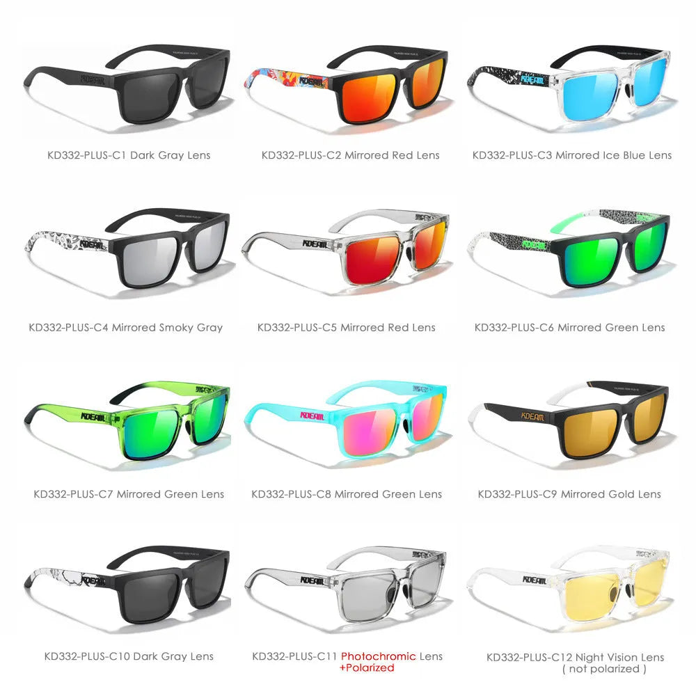 Square polarised sunglasses with TAC lenses and a PC frame, shown in one of 12 available colour options.