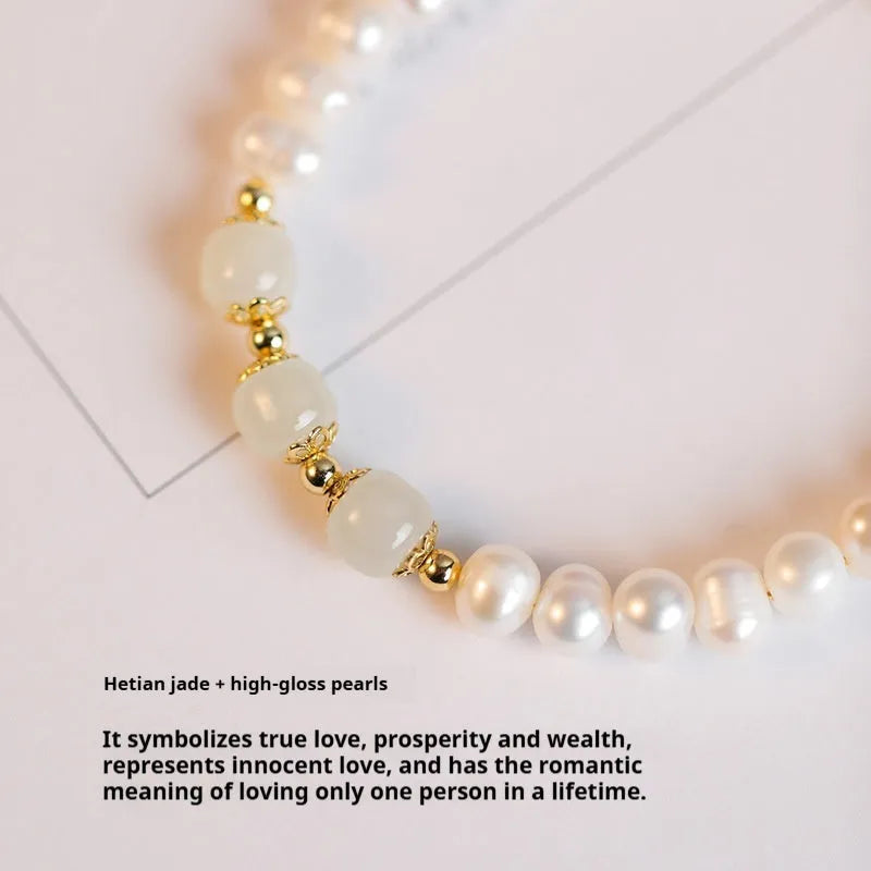 Natural freshwater pearl bracelet with diamond-shaped beads in a Korean style, shown in deep Hetian jade colour.