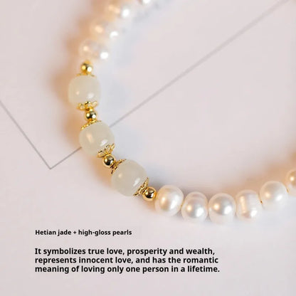 Natural freshwater pearl bracelet with diamond-shaped beads in a Korean style, shown in deep Hetian jade colour.