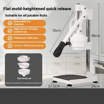 Manual orange juice juicer with stainless steel construction showing 480cm height and disassembled components