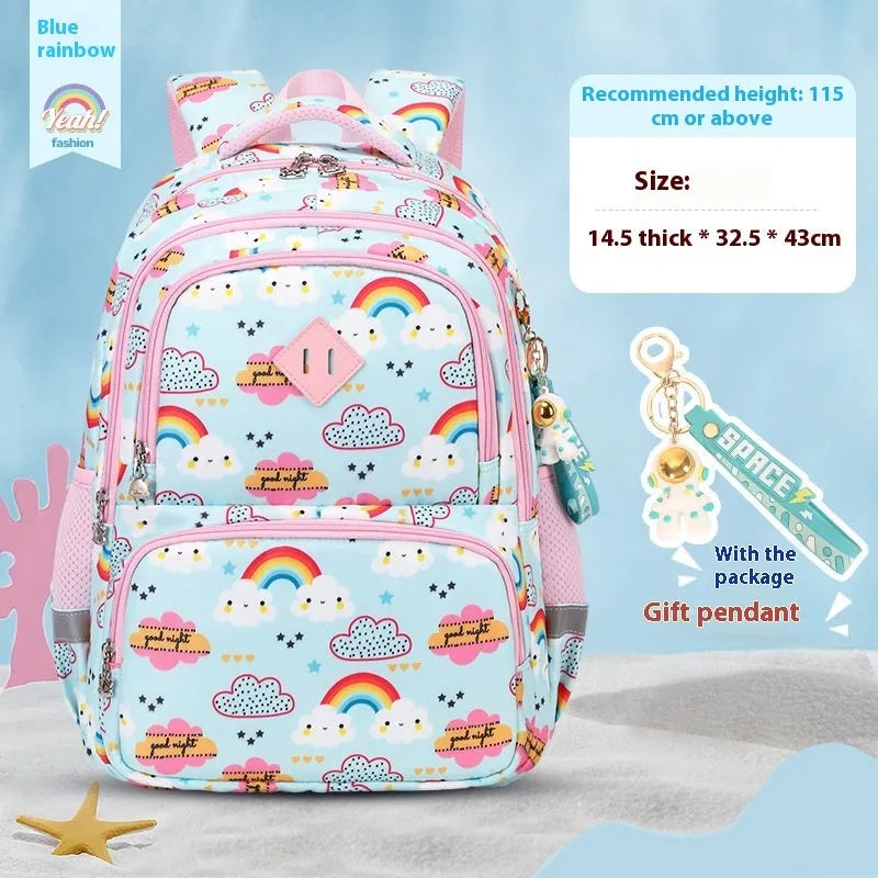 Blue children's dinosaur pattern school backpack with curved straps on a white background