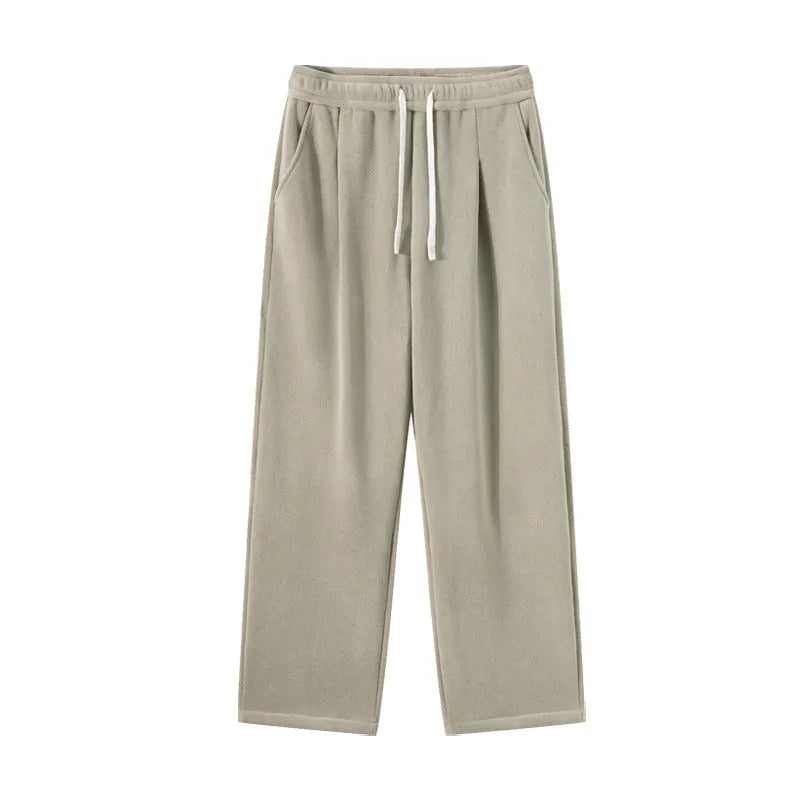 Men's double-sided polar fleece-lined trousers in apricot, black, or dark grey with elastic waist and loose fit for winter.