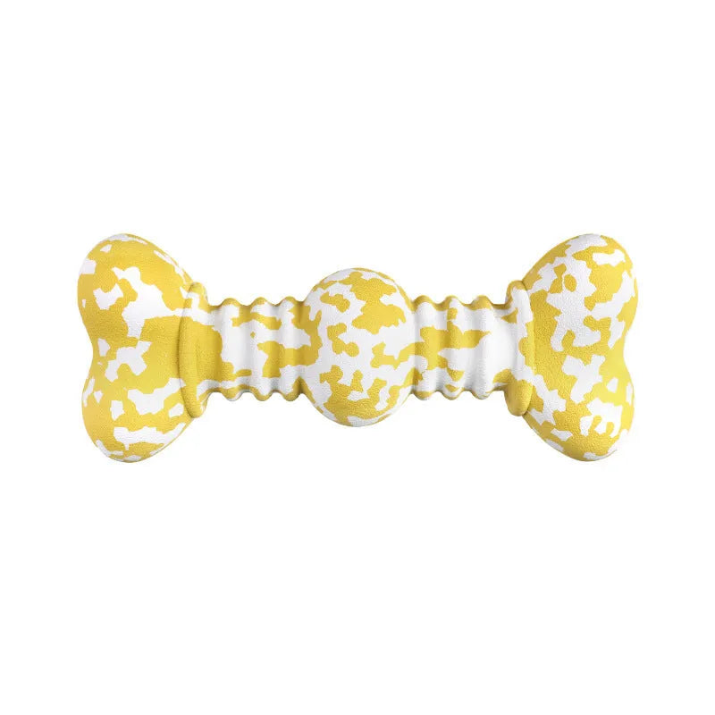Natural rubber dog chew toy with camouflage design for aggressive chewers, USDA organic certified, in green, white, and yellow colours.