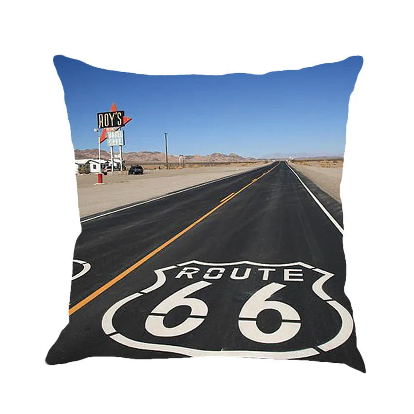 Us Route 66 linen blend cushion cover with European landscape pattern, 45x45cm dimensions, six colour options