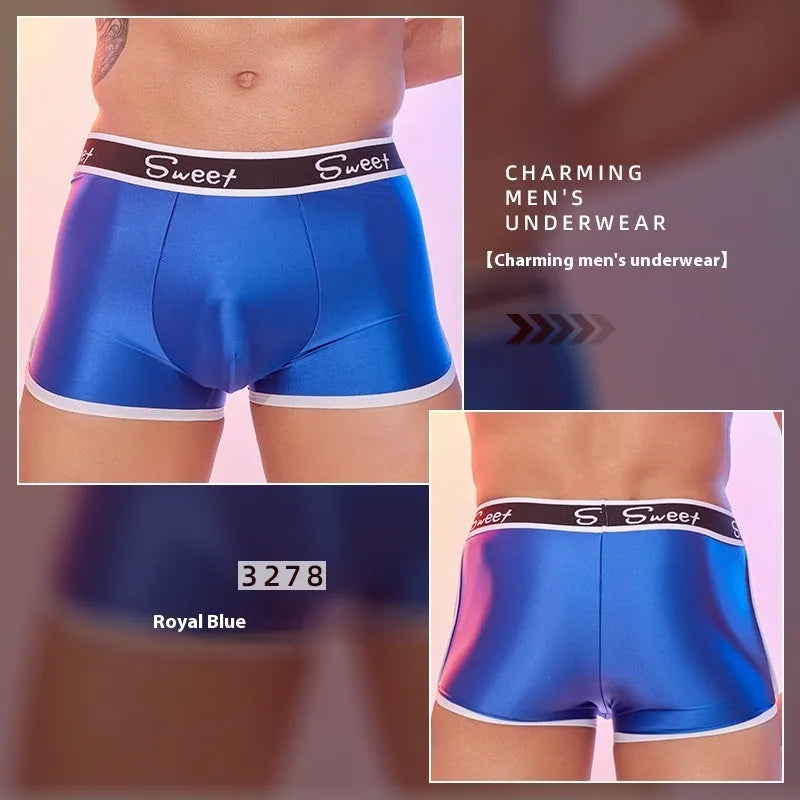 Men's shiny silky nylon boxers in black, white and sapphire blue colours