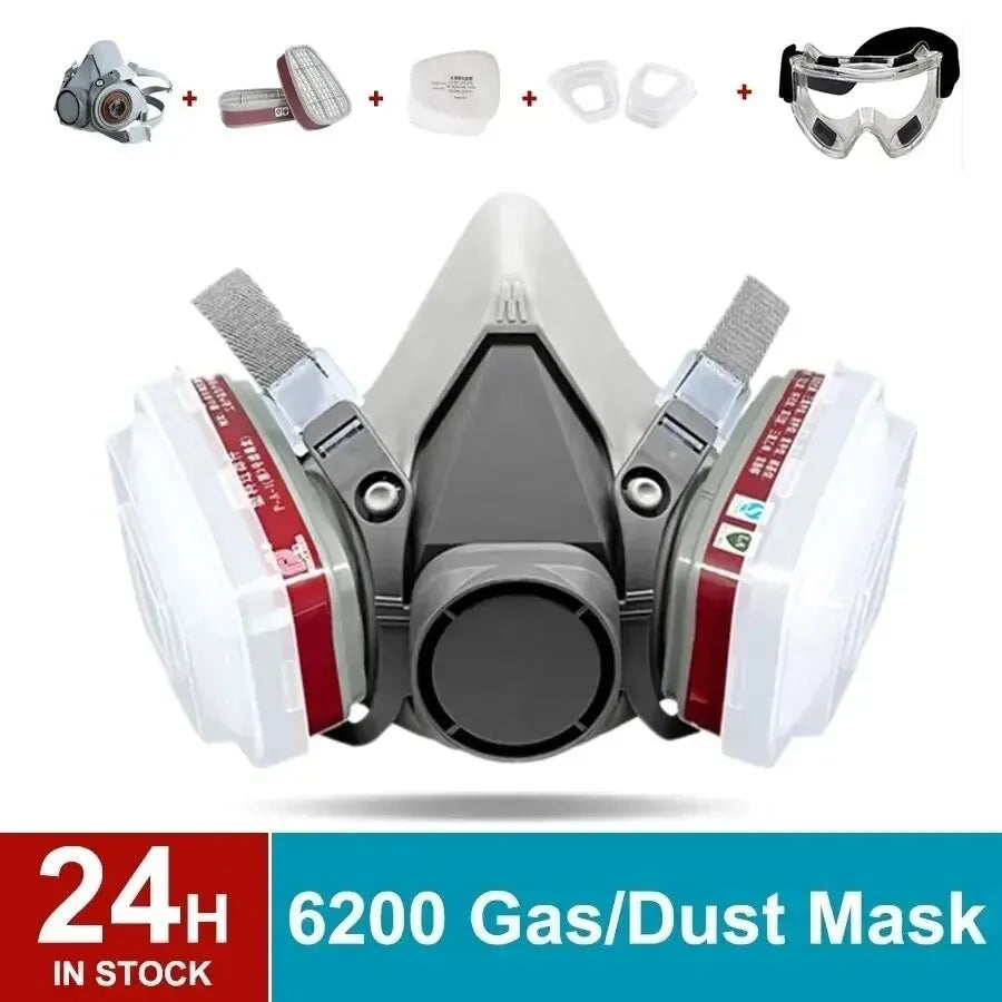Original 6200 reusable half face respirator mask with fog-proof glasses, filters, and filter lids in an 8-in-1 set.