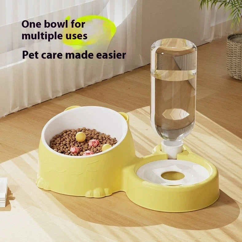 Green automatic cat water basin with two stainless steel bowls on ceramic base