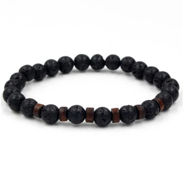 Stylish men's bracelet made with natural volcanic stone, flash stone, and wood chip in a geometric, mosaic-like design