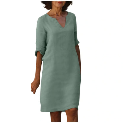 Retro cotton and linen V-neck dress with high waist and summer stitching in various colors