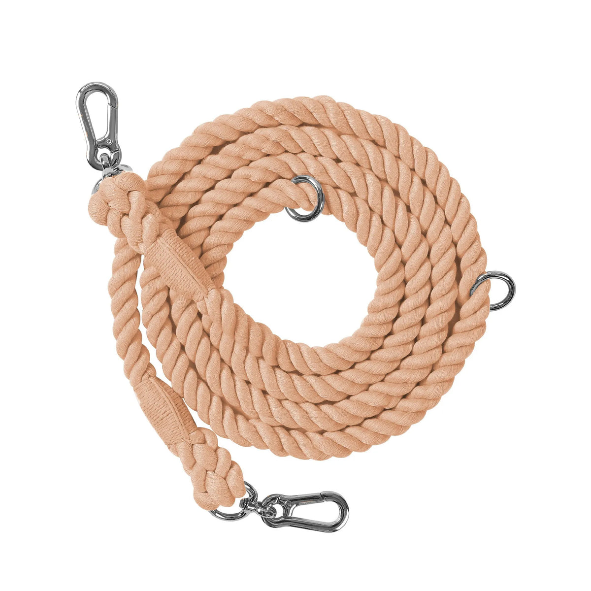 Woven rainbow pattern dog leash with double grip handles and a metal clasp.