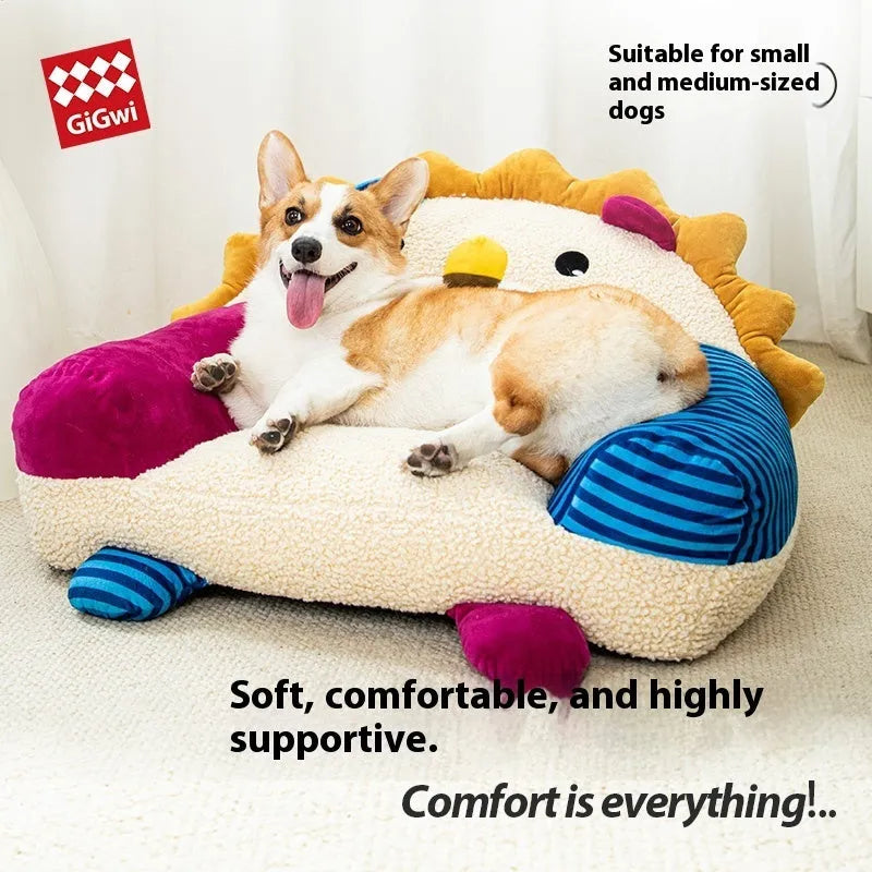 Indoor dog kennel bed with removable washable bedding pad, PP cotton lining, Oxford cloth anti-slip base, cartoon lion design, 70x55x45cm