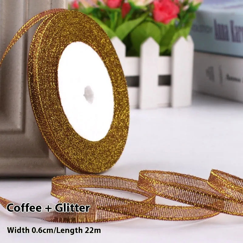 Polyester gift packaging bow ribbon showing 0.6cm width and colour options including gold leaf and metallic variations