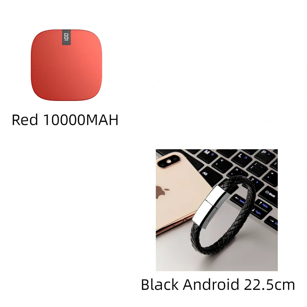 Red 10000 mAh mini power bank with digital display showing battery percentage, measuring 90x64x24mm