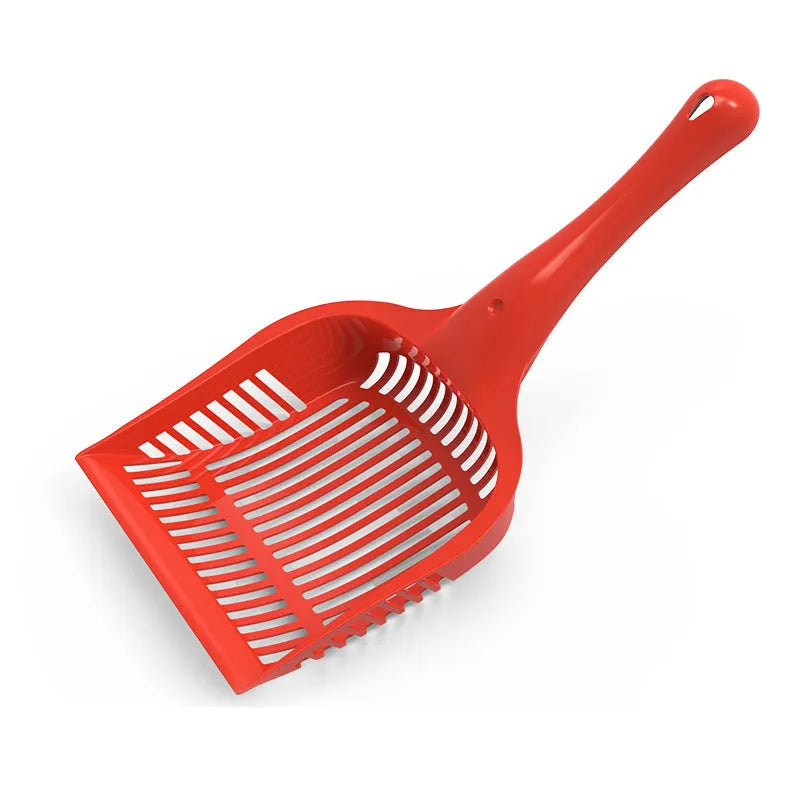 Red, yellow, and blue plastic cat litter scoops shown in small and medium sizes.