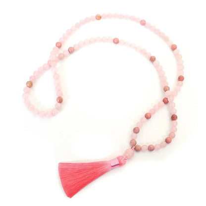 Stone bead yoga necklace and bracelet set with long fringe tassel pendant on adjustable ball chain